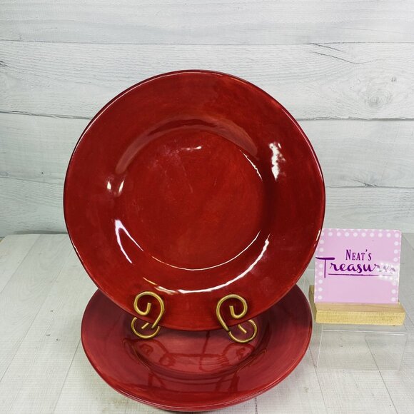 Pottery Barn SAUSALITO Merlot Red Handpainted Rim 12" Dinner Plates Set of 2 - Picture 1 of 13